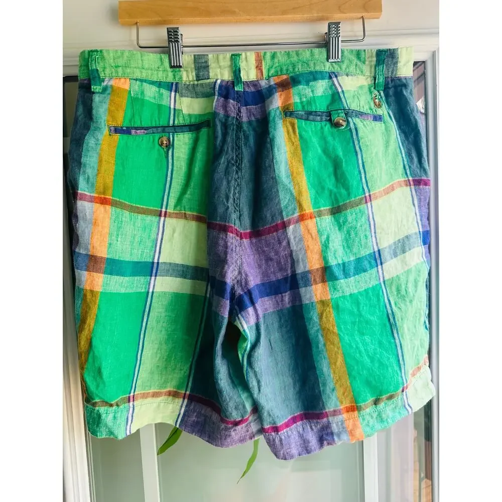 Polo Ralph Lauren Madras Linen Shorts Mens Classic Green Plaid Preppy Summer 35
